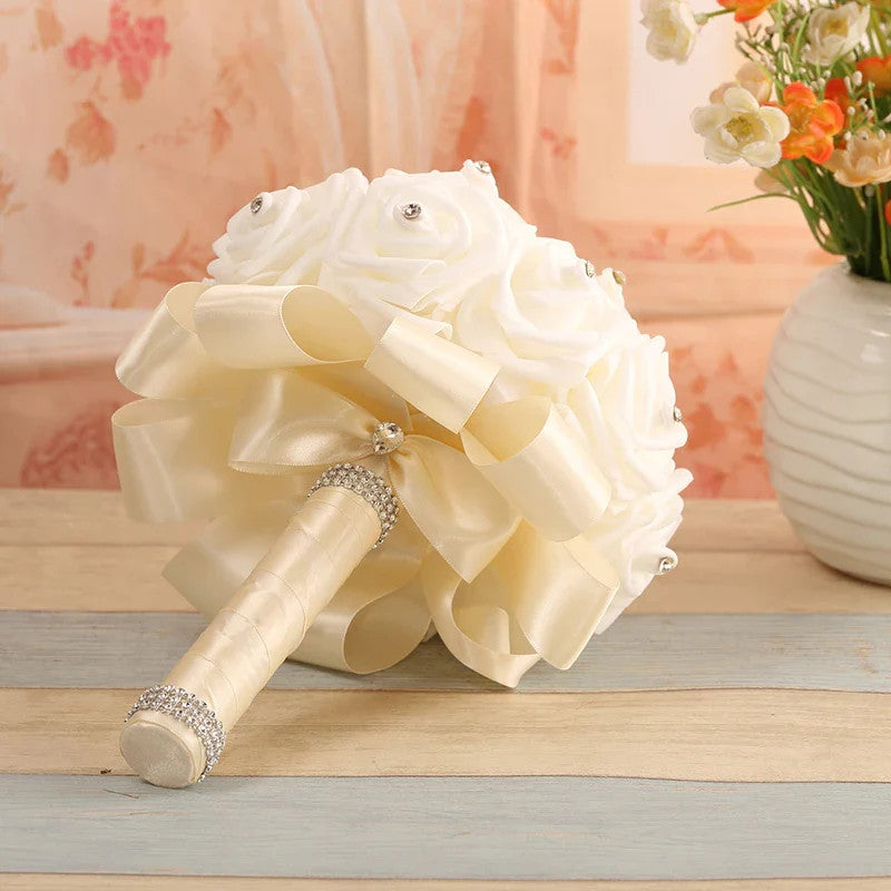 Cheapest PE Rose Bridesmaid Wedding Foam flowers Rose Bridal bouquet Ribbon