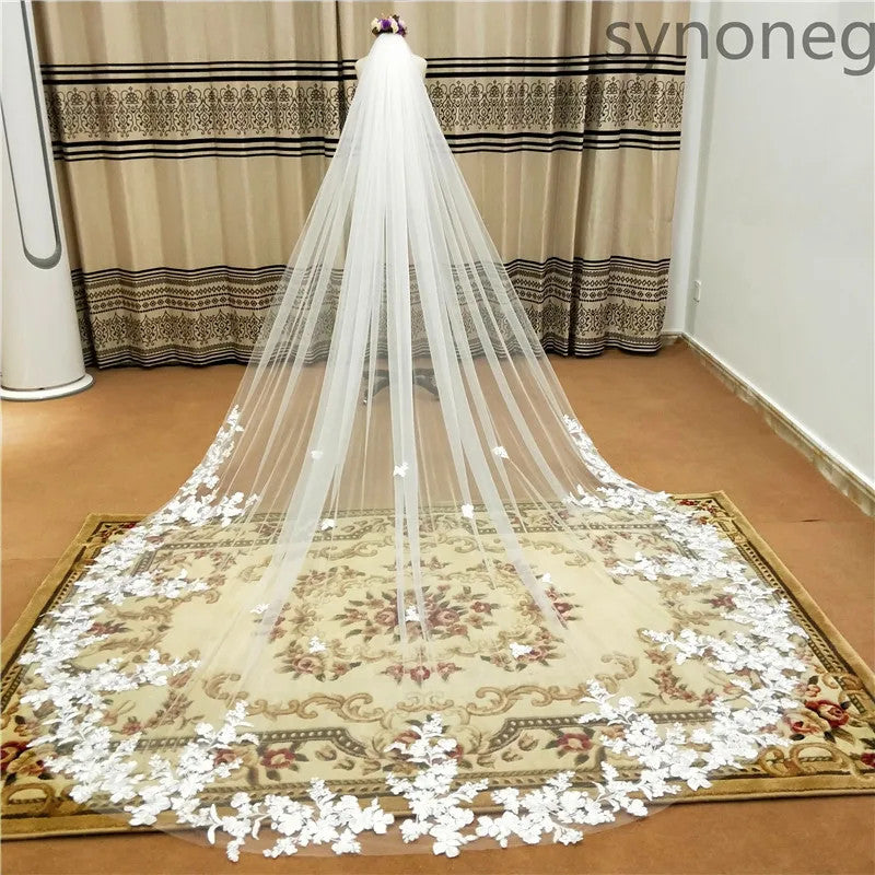 One Layer Cathedral Wedding Veil 3m/4m/5m White Lace Edge Bridal Veil with Comb