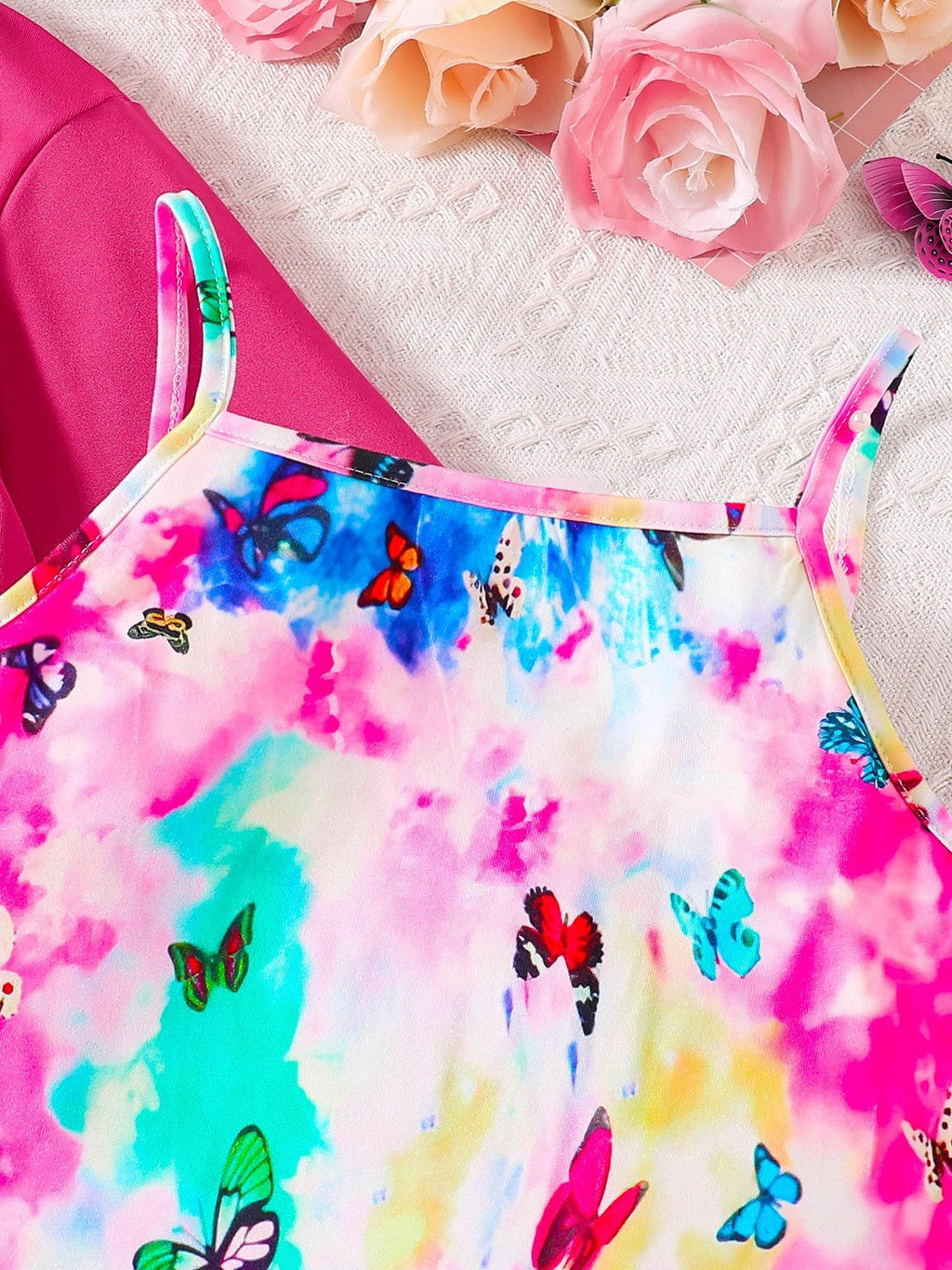 Girls' clothing set autumn fashion solid color round neck short top butterfly