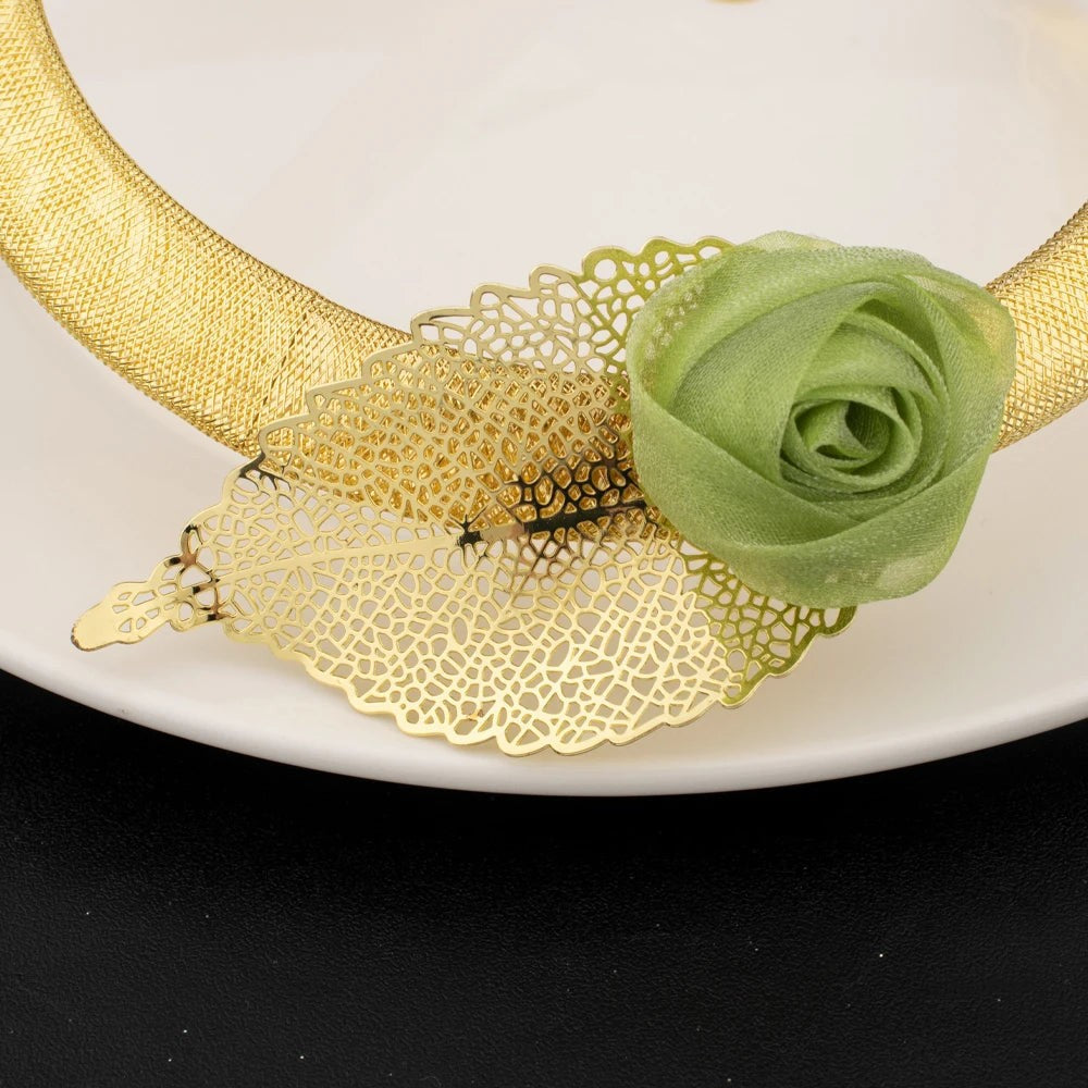 2025 Elegant Gold Plated Green Flower Shape Necklace Earrings Ring Bangle for