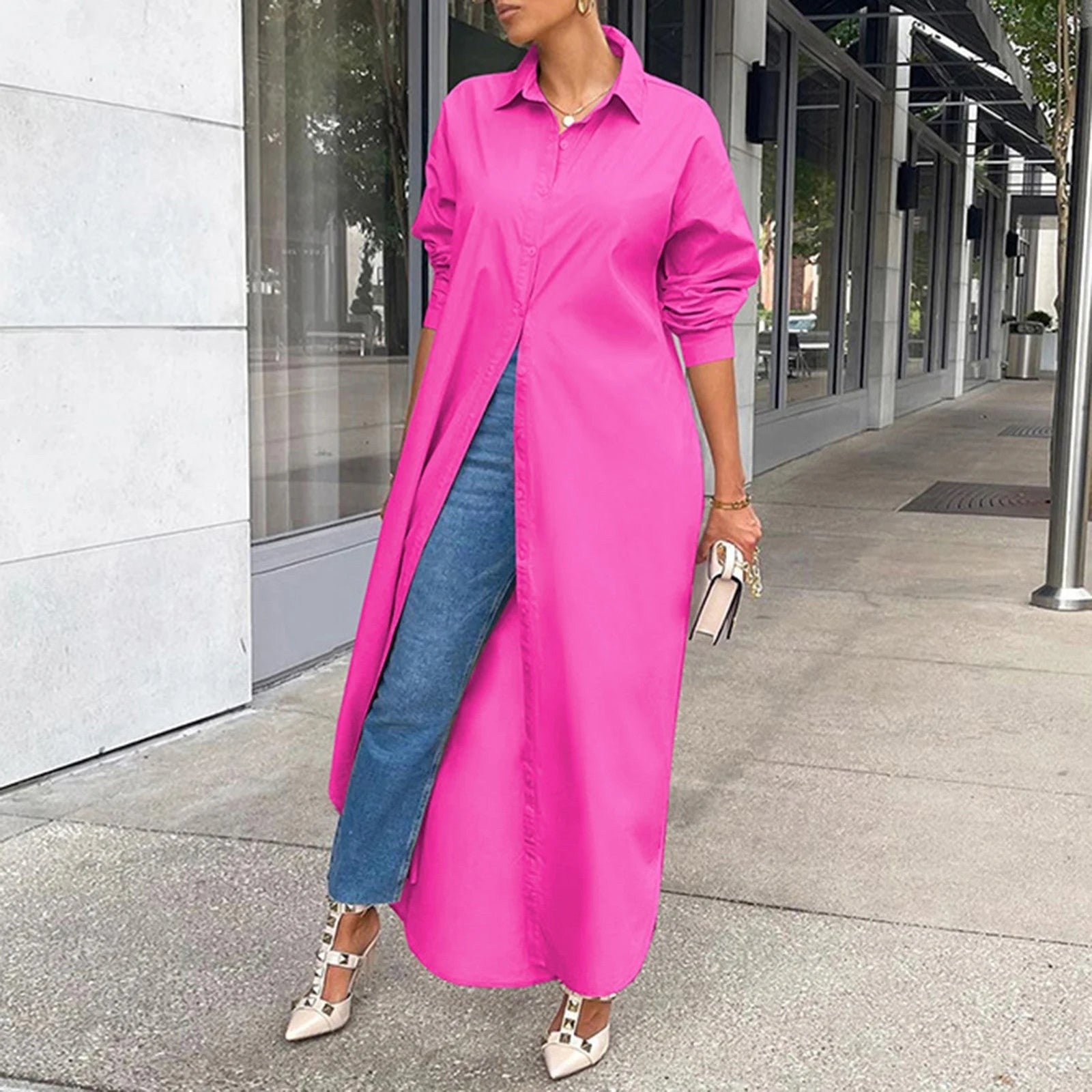 Women Shirt Windproof Shirt Dress Versatile Hem Stylish Autumn Winter Solid