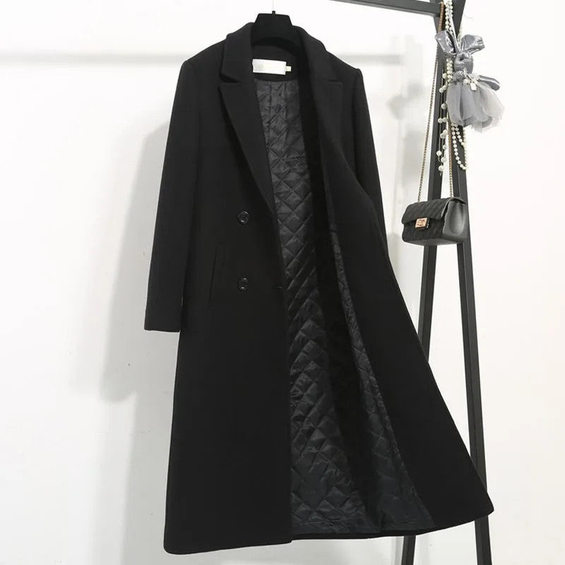 Women's Winter Classic Black Woolen Mid-Length Woolen Blend Overcoat
