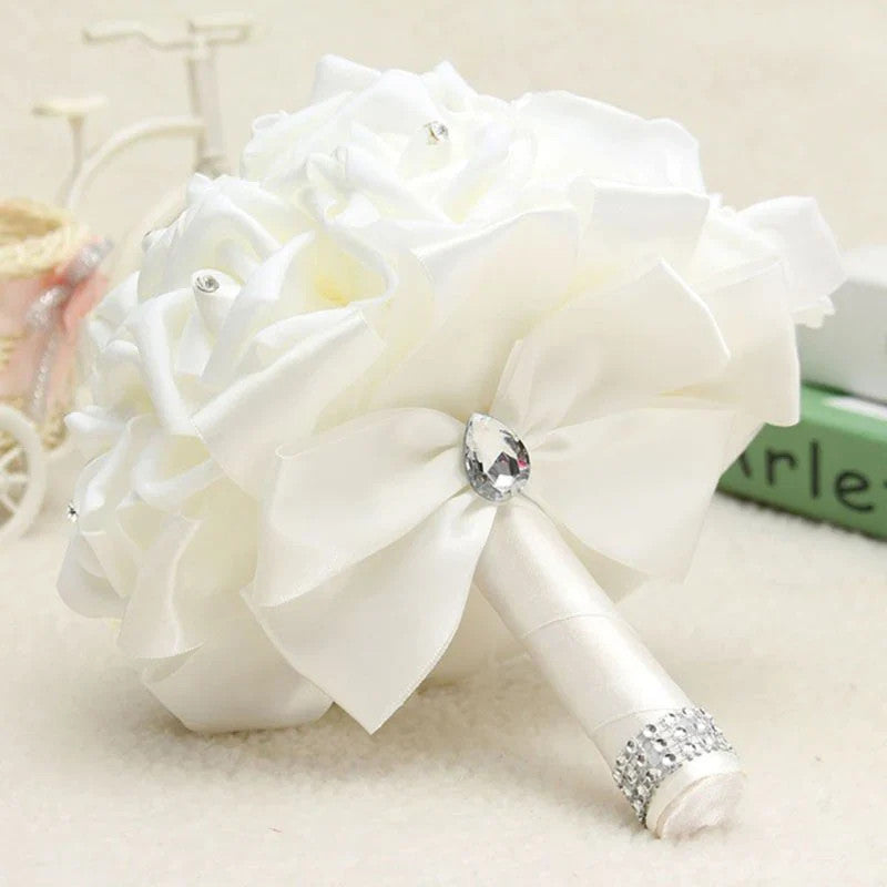 Cheapest PE Rose Bridesmaid Wedding Foam flowers Rose Bridal bouquet Ribbon