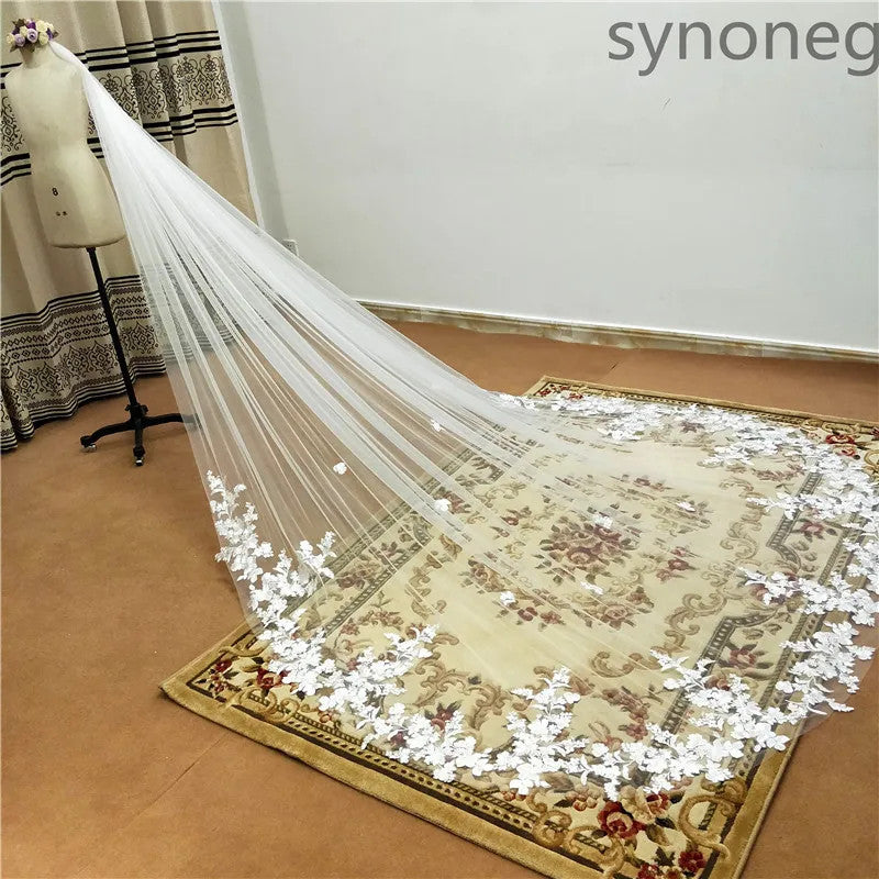 One Layer Cathedral Wedding Veil 3m/4m/5m White Lace Edge Bridal Veil with Comb