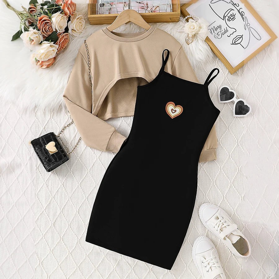 Girls' Spring and Autumn New Children's 8-12Y Fashion Casual Dress Set 2-piece