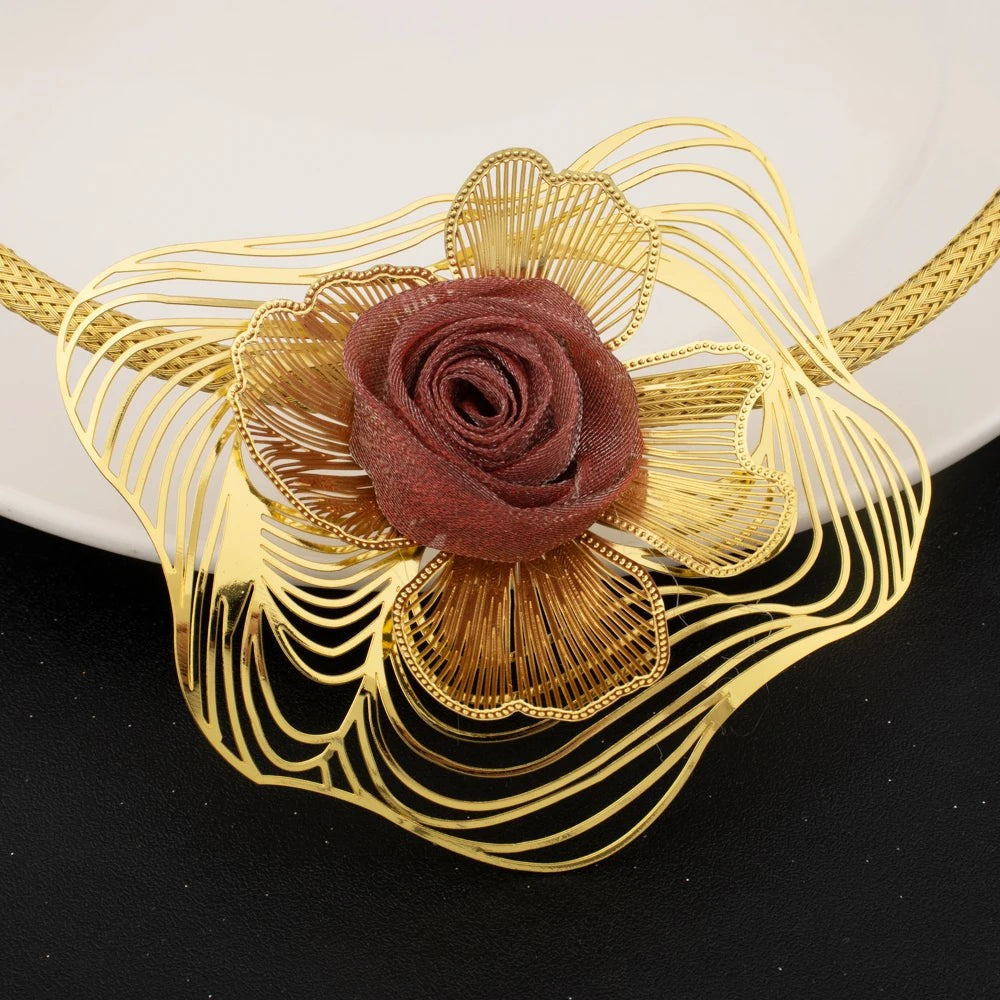 2025 Elegant Gold Plated Green Flower Shape Necklace Earrings Ring Bangle for