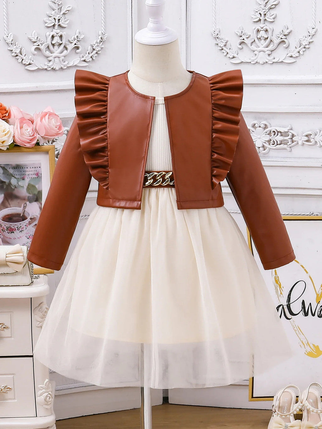 Girls' Spring and Autumn Dress Set New Children's Princess Skirt+PU Leather