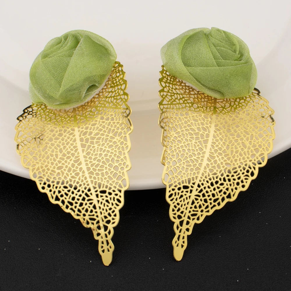 2025 Elegant Gold Plated Green Flower Shape Necklace Earrings Ring Bangle for
