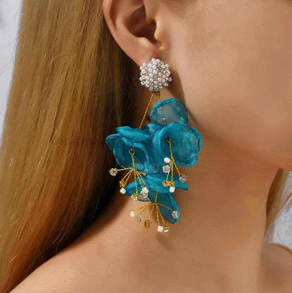 Elegant Fashion Yarn Flower Charm Decor Long Dangle Drop Earrings For Women