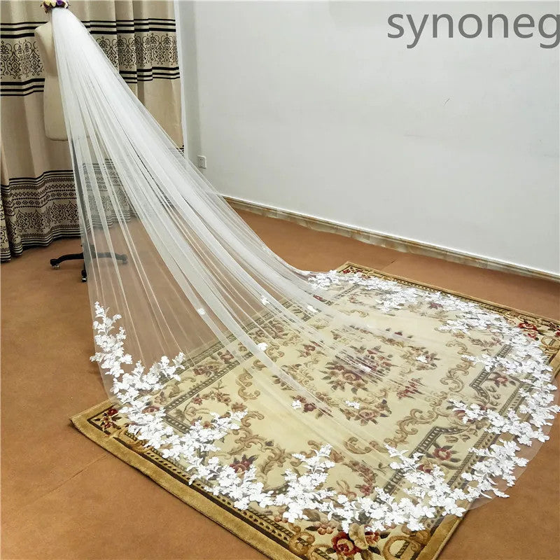 One Layer Cathedral Wedding Veil 3m/4m/5m White Lace Edge Bridal Veil with Comb