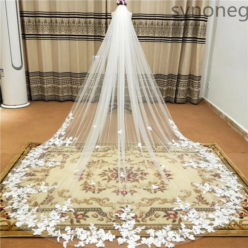 One Layer Cathedral Wedding Veil 3m/4m/5m White Lace Edge Bridal Veil with Comb