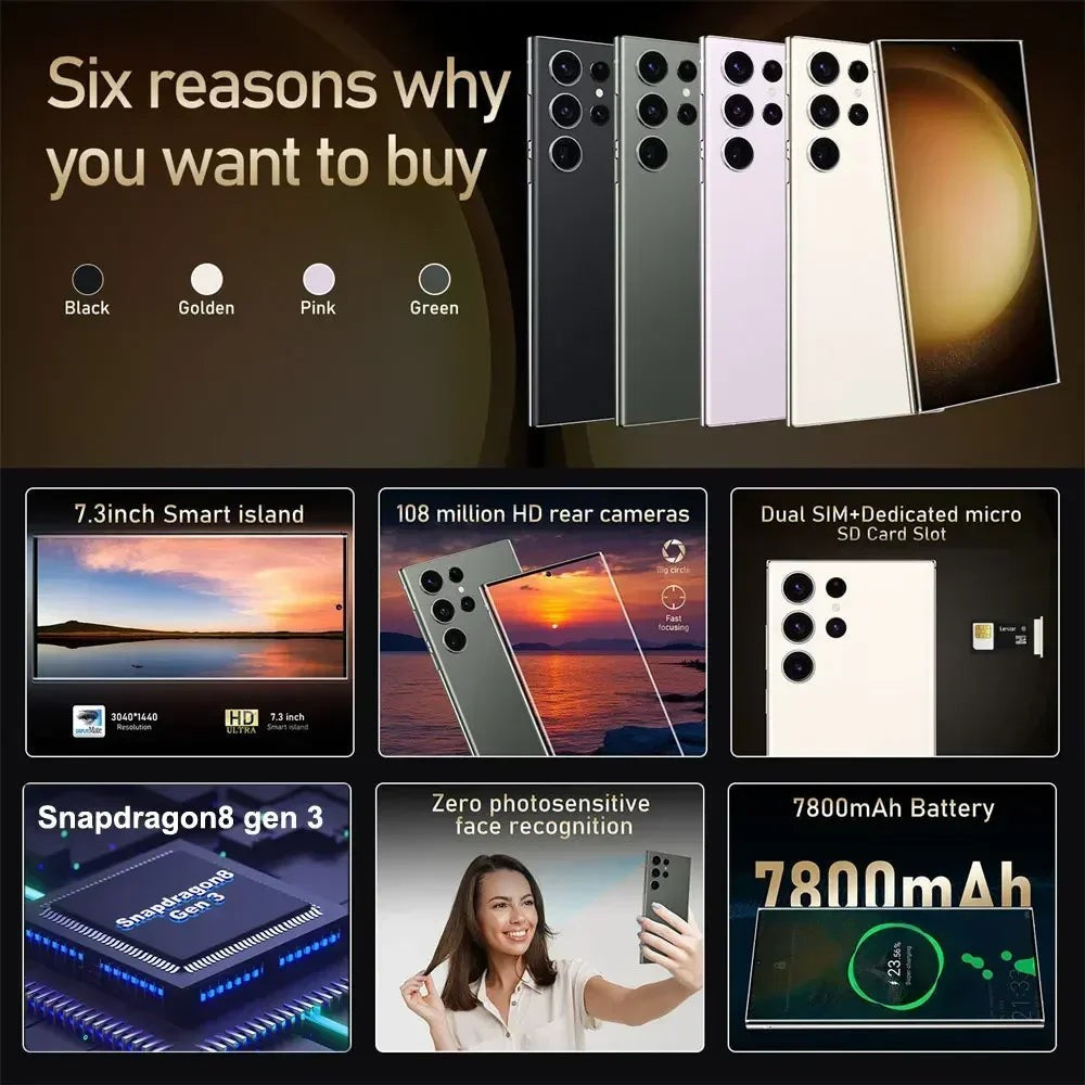 New Android Smartphone 7.3HD 5G Snapdragon 8 Gen 3 Cell phones 7800mAh Mobile