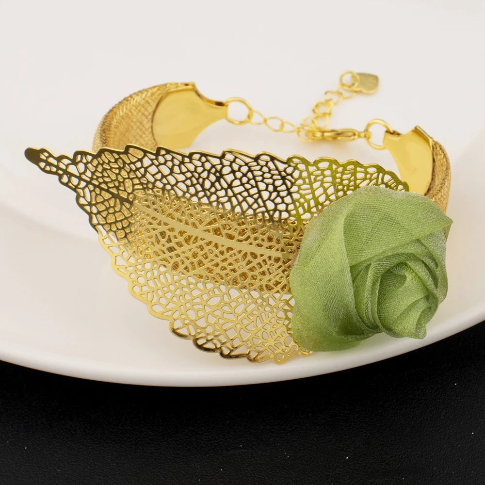 2025 Elegant Gold Plated Green Flower Shape Necklace Earrings Ring Bangle for
