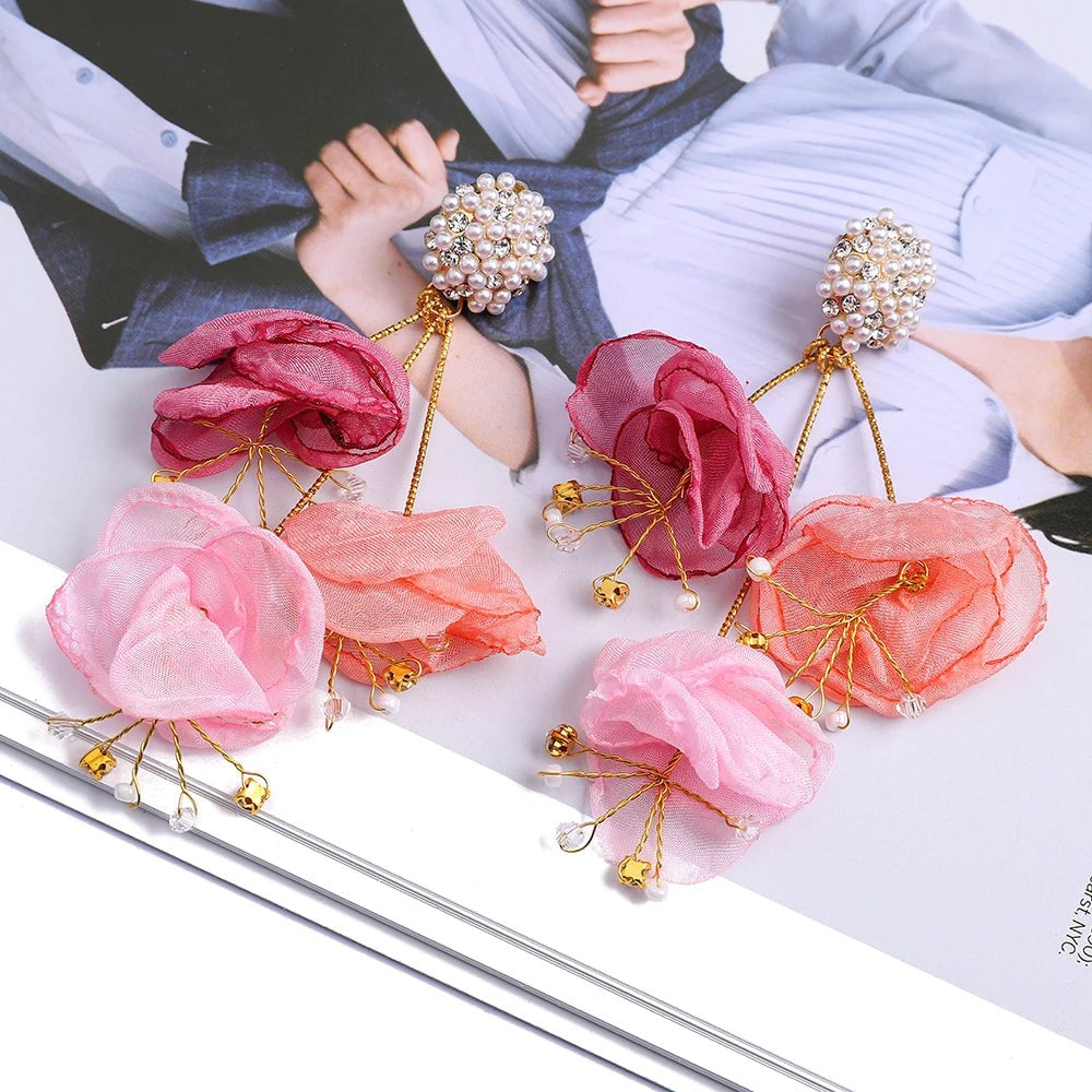 Elegant Fashion Yarn Flower Charm Decor Long Dangle Drop Earrings For Women
