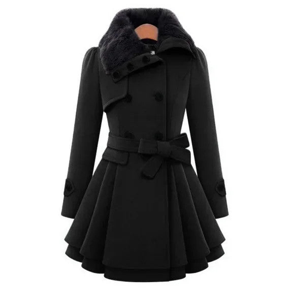 Women's Long Slimming Woollen Jacket Double Row Buttoned Narrow Fit Casual