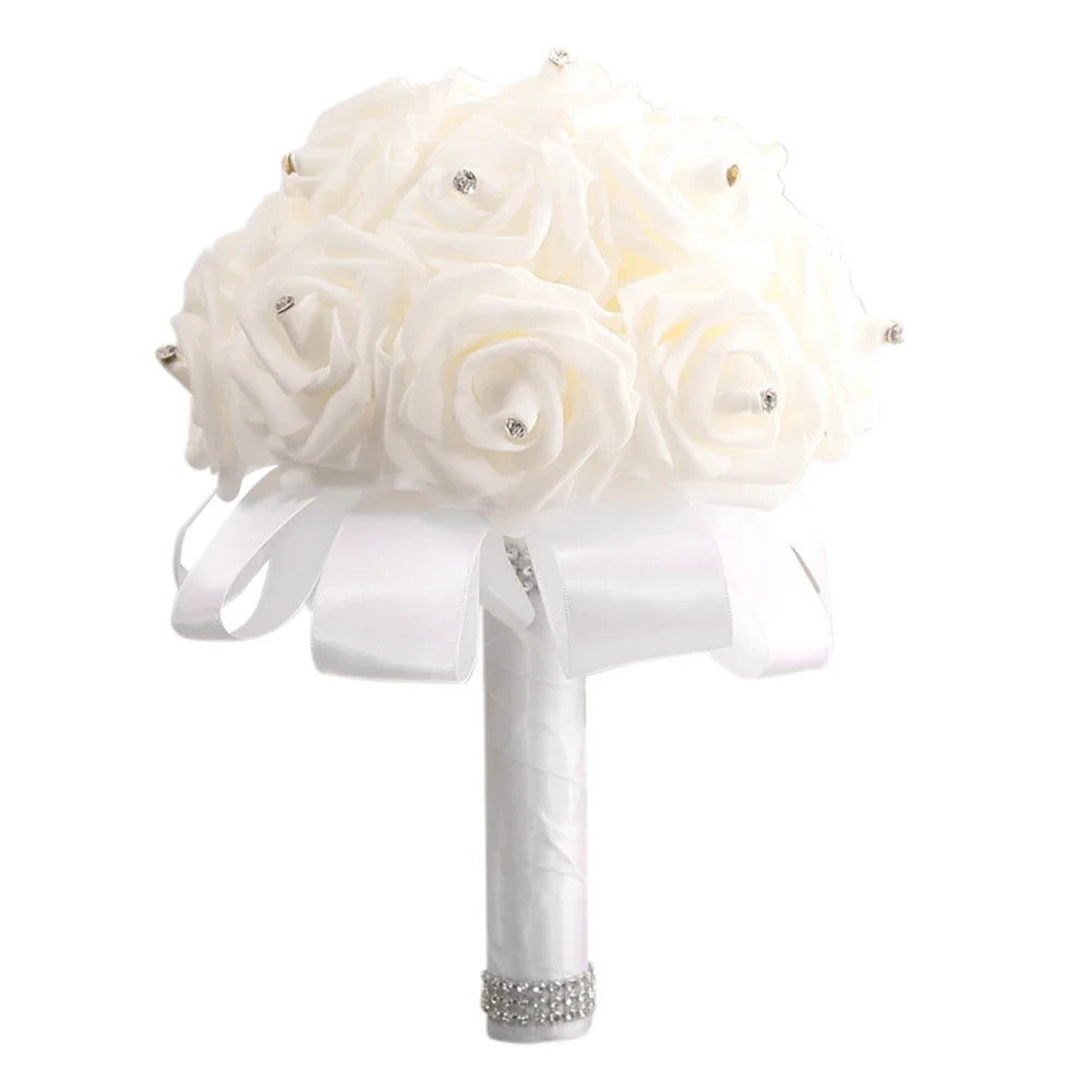 Cheapest PE Rose Bridesmaid Wedding Foam flowers Rose Bridal bouquet Ribbon