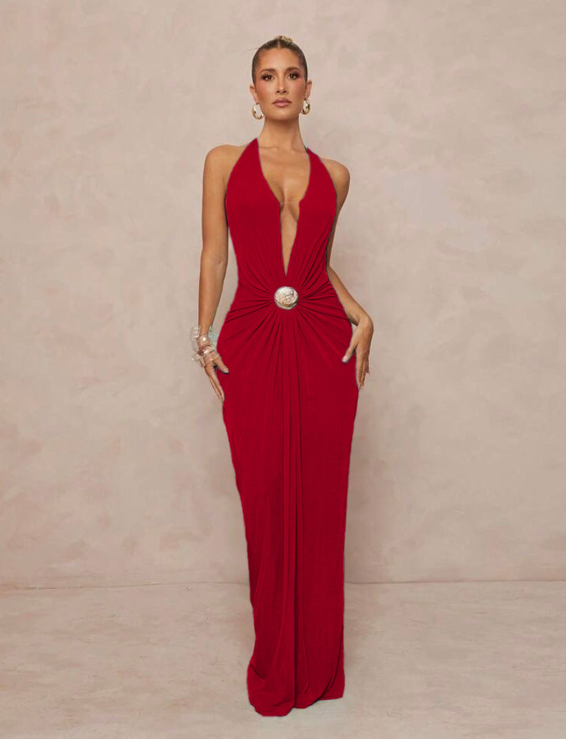 Deep V-neck Halter Dress With Open Back For Beach Vacations