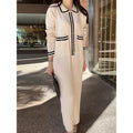 Women's Loose-fit Retro Knitted Dress With Turn-down Collar And Contrasting Colors