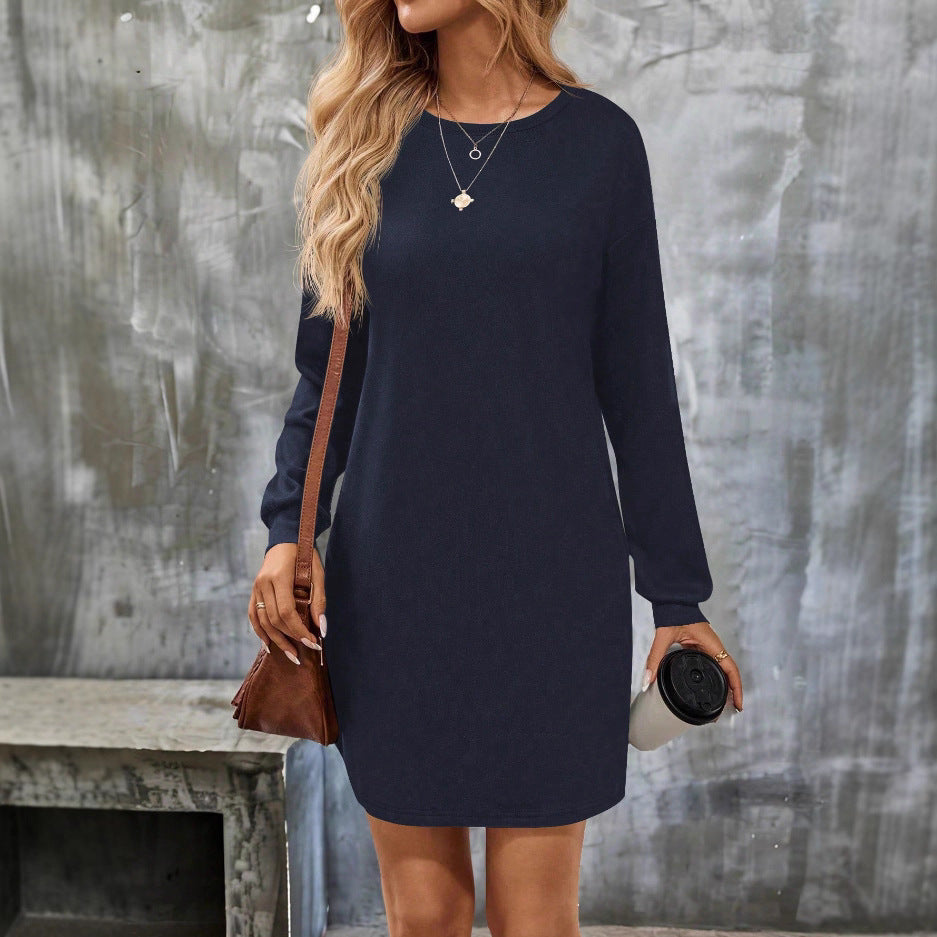 Women's Long-Sleeve Round-Neck Knitted Solid-Color Dress