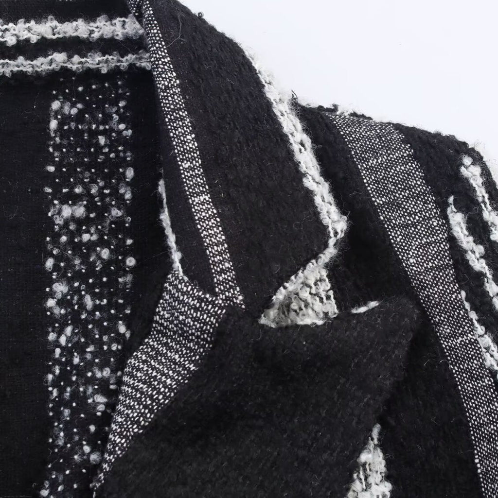 Women's Elegant Black And White Striped Woolen Coat