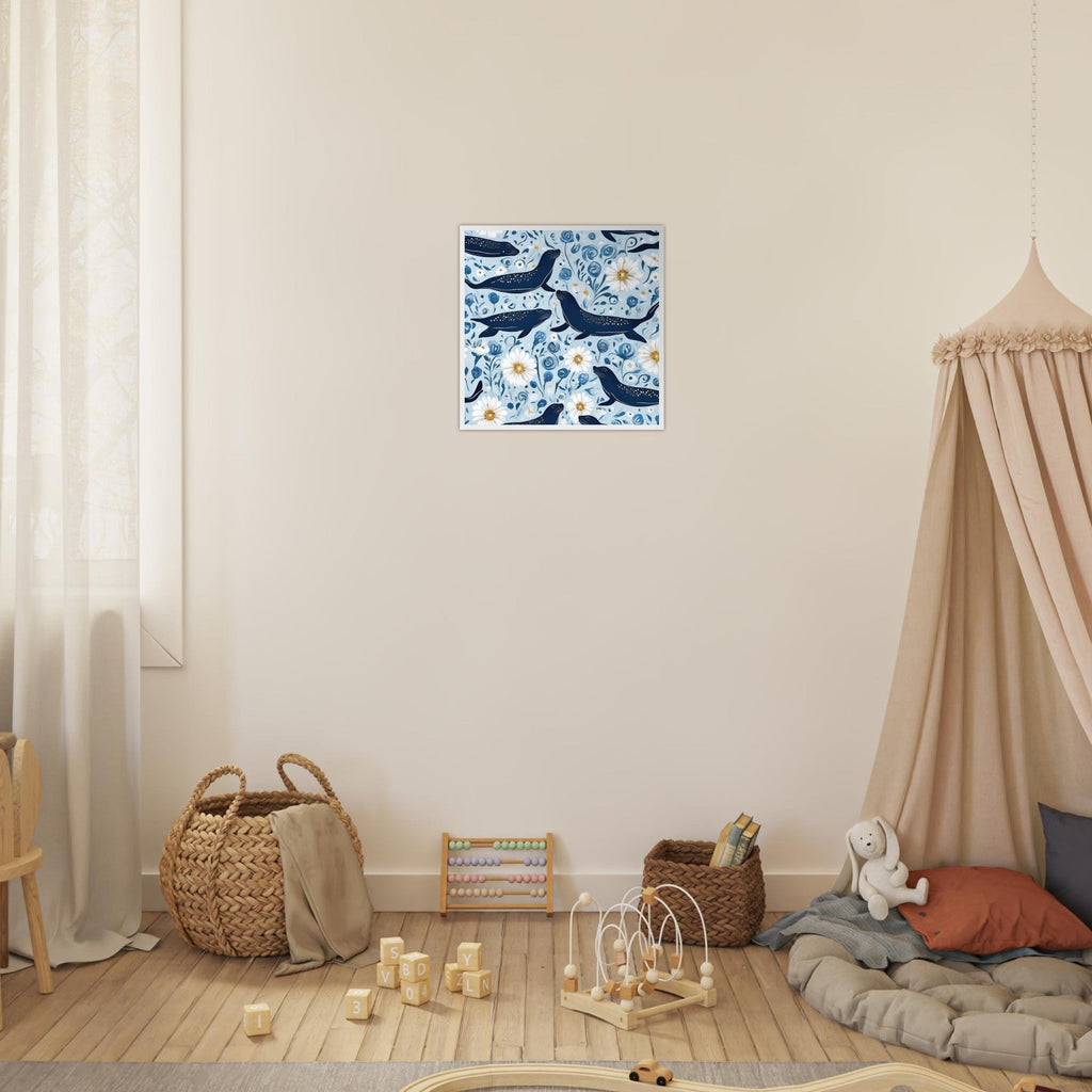 Whimsical Seal and Daisy Framed Wall Art – Coastal Nature Print, Ready to Hang