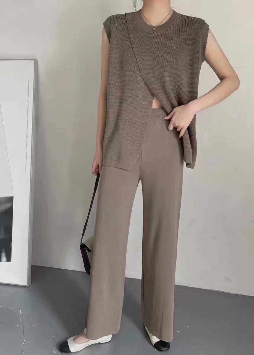 Sleeveless Crew-Neck Slim-Fit Striped Knit Top And Wide-Leg Pants Set