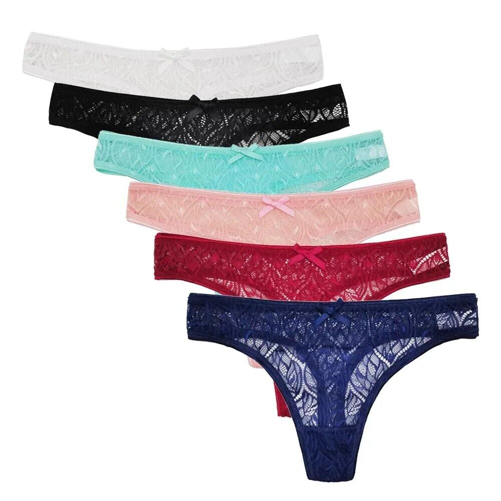 6 Pack Womens Sexy Lace Underwear Ladies Cotton Thongs G-String Knickers Briefs