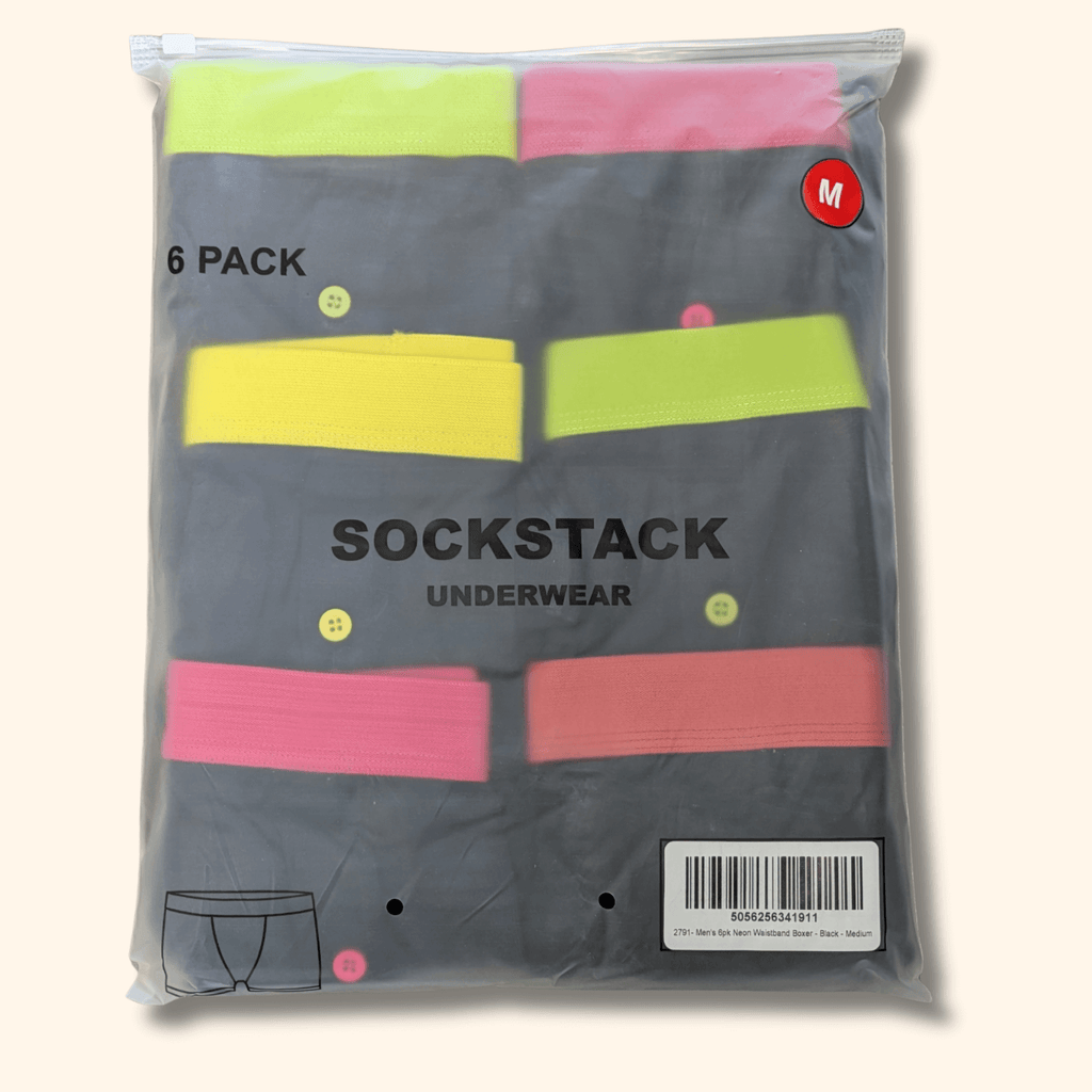 6 Pack Classic Menswear Black Cotton Blend Boxer Shorts Breathable Activewear Comfortable Stretch Colourful Waistband Durable Lightweight Button Fly Underwear MB08 by Sock Stack