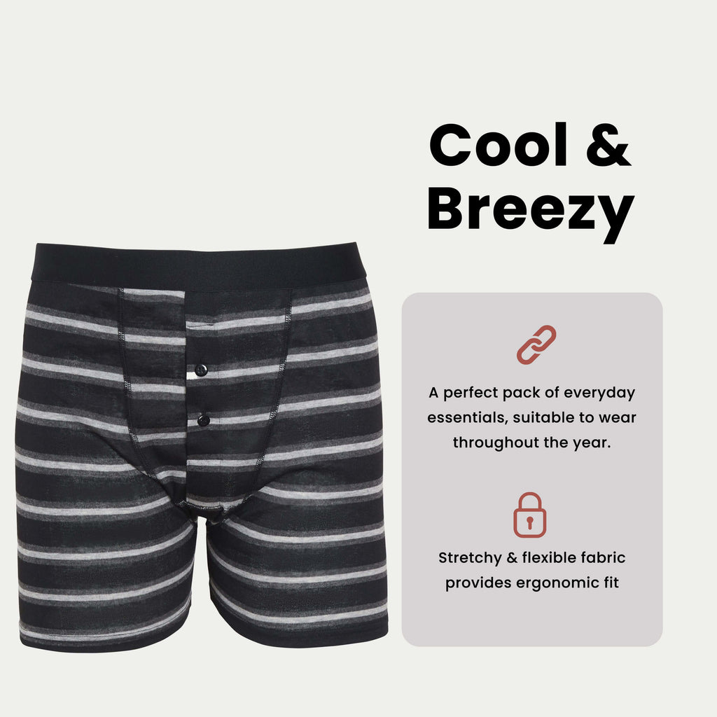 6 Pack Striped Black Grey Cotton Stretch Boxer Shorts Menswear Classic Activewear Breathable Soft and Durable Underwear for Men by Sock Stack