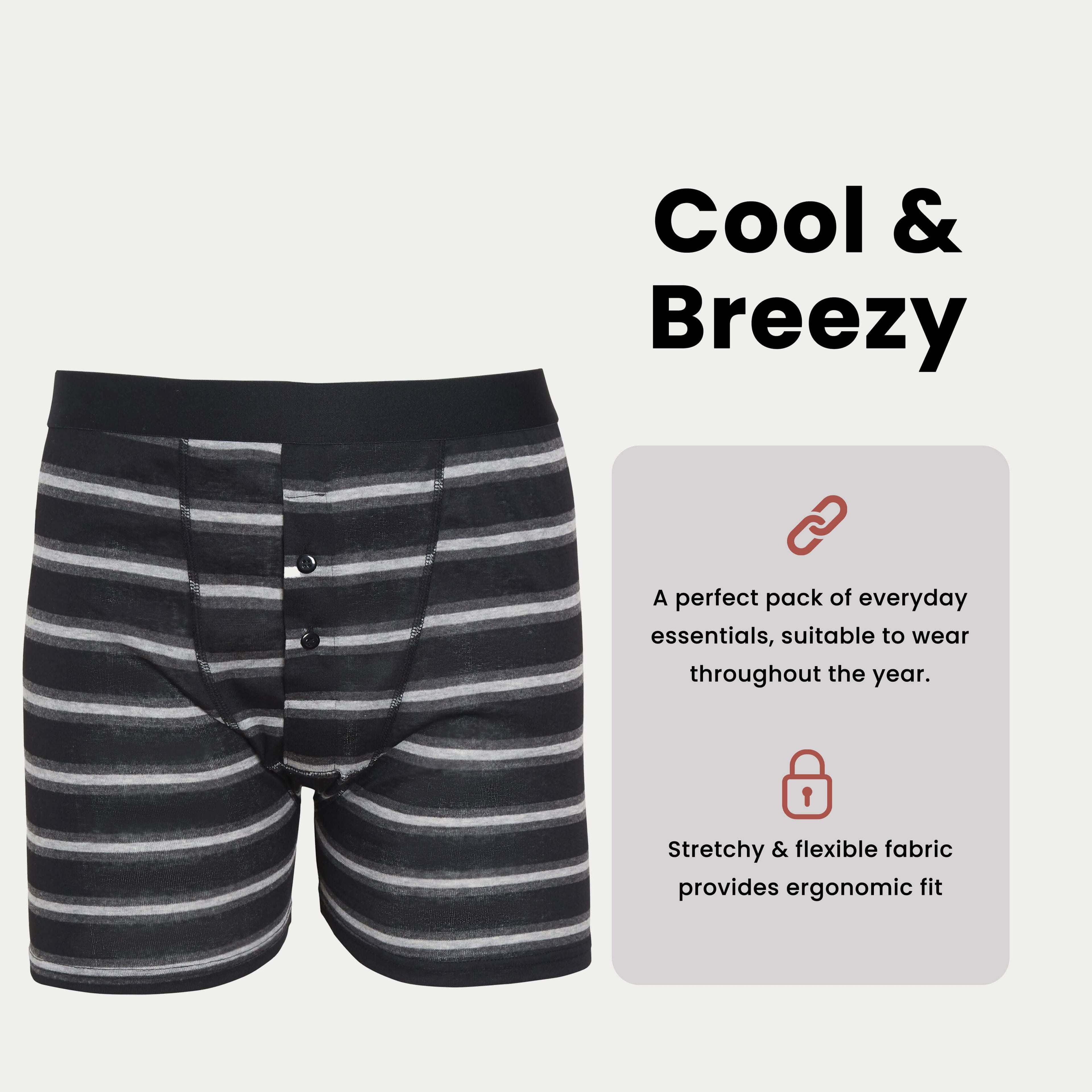 6 Pack Striped Black Grey Cotton Stretch Boxer Shorts Menswear Classic Activewear Breathable Soft and Durable Underwear for Men by Sock Stack