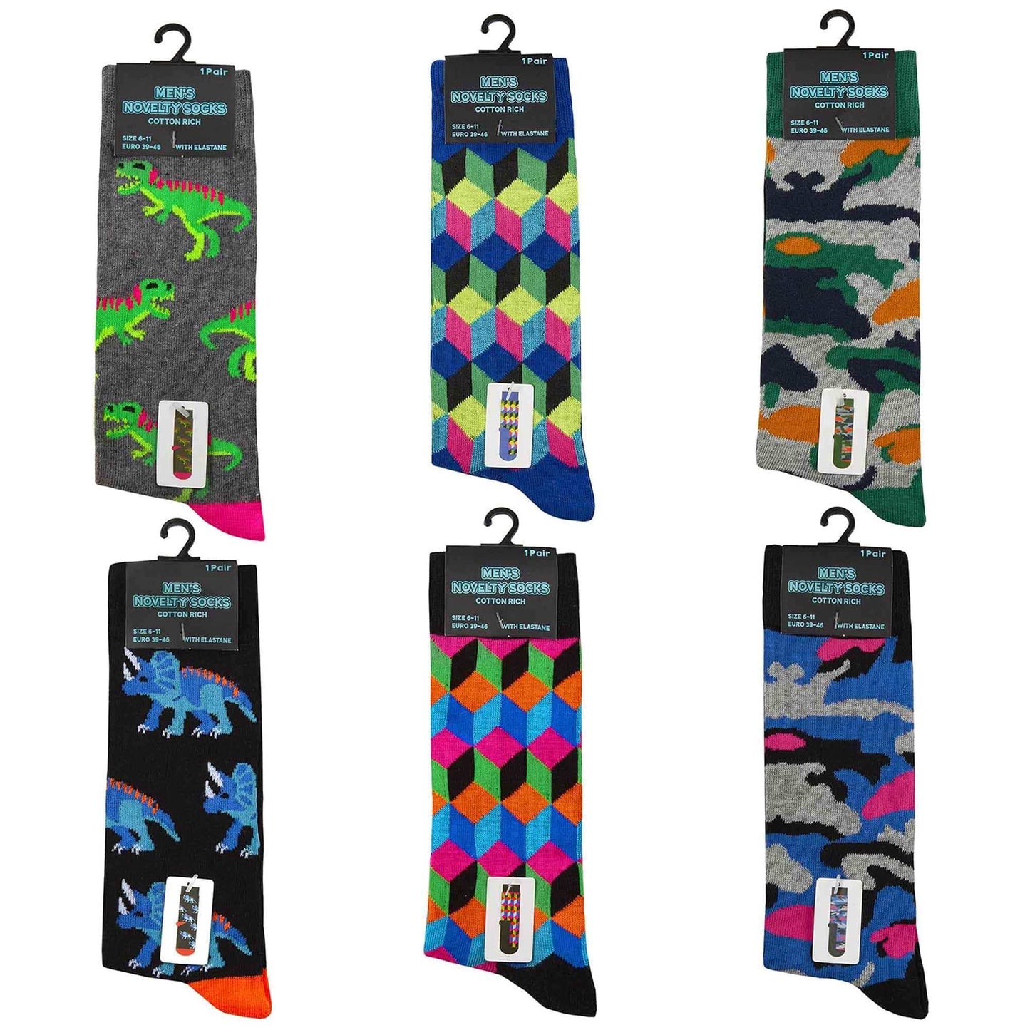 6 Pairs Mens Fun Novelty Cotton Rich Socks Comfortable Breathable with Sculpted Heels and Toes Assorted Styles Perfect Fit UK 6-11 EUR 39-45 by Sock Stack