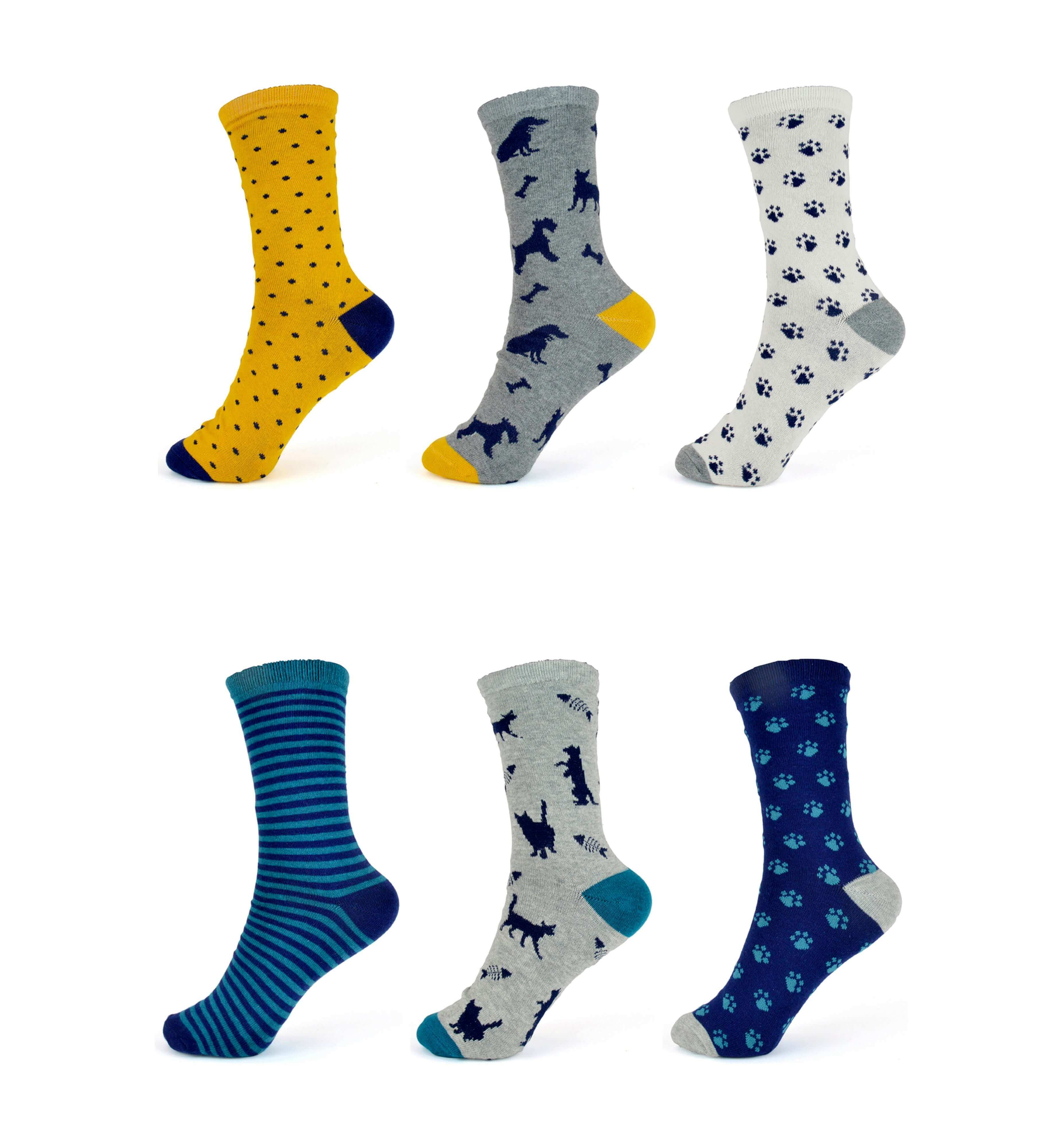 6 Pairs Women's Cotton Rich Socks Fun Designs Stripes Dots Leopard Fox Dog Cat Prints UK 4-7 Breathable Durable by Sock Stack
