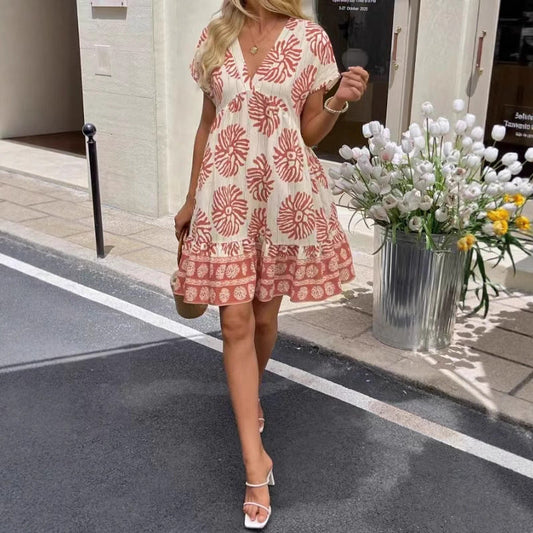 Women's Loose Casual V-Neck Digital-Print Short-Sleeve Dress