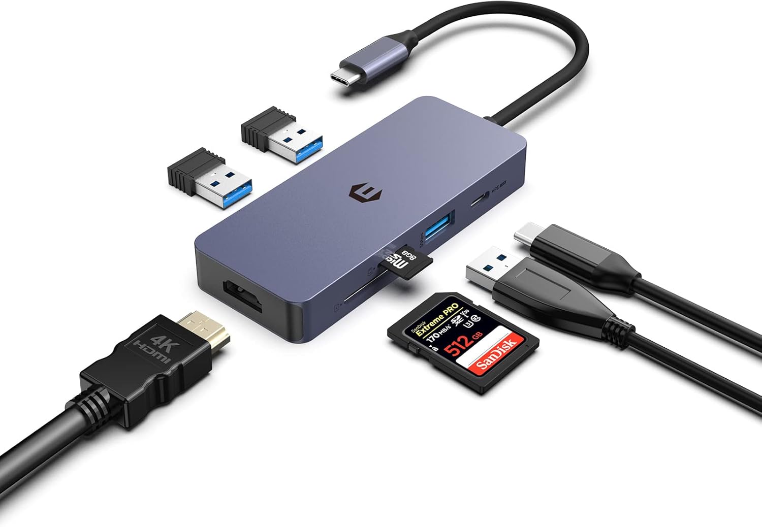 USB-C Hub Adapter 7-in-1 4K HDMI, 100W PD USB 3.0 Ports SD/TF Card Reader