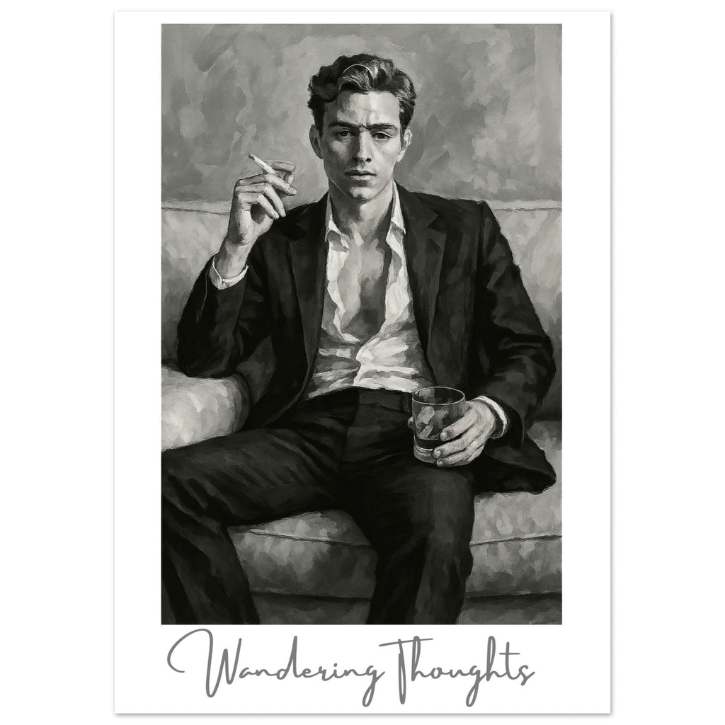Contemplative Mood Poster. Stylish Man with Whiskey & Cigarette - Retro Decor