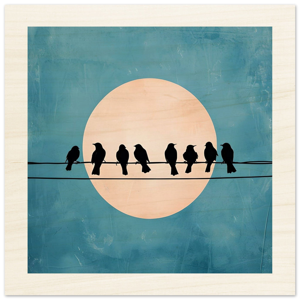 Birds on a Wire Wooden Wall Art - Minimalist Sunset Silhouette Print - Rustic Home Decor