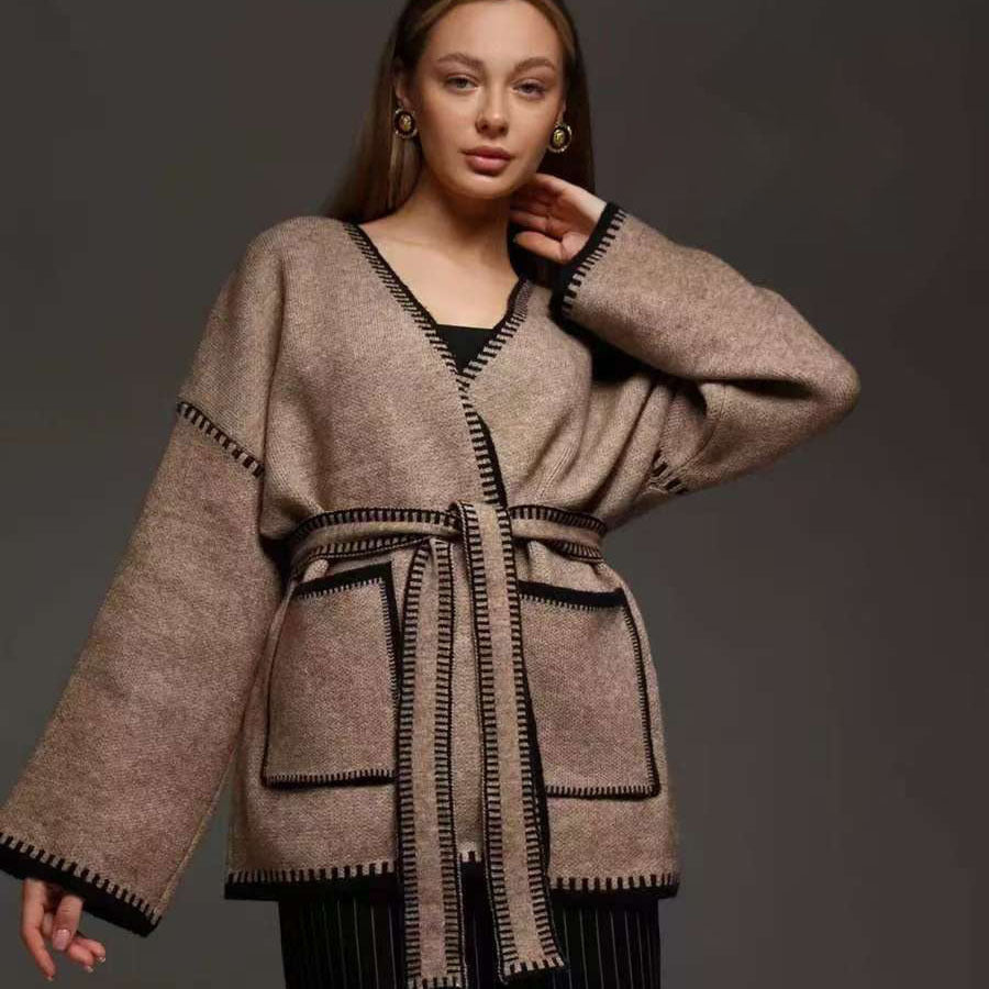 Lace-up Knitted Cardigan Loose Mid-length Sweater Coat