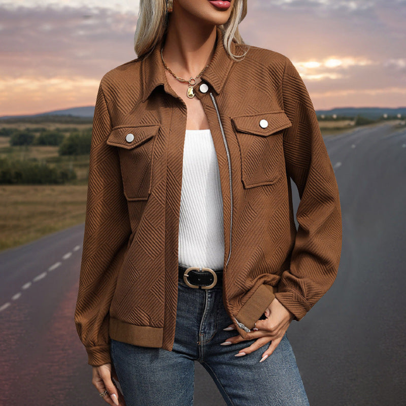Women's Casual Lapel Texture Solid Color Long Sleeve Jacket
