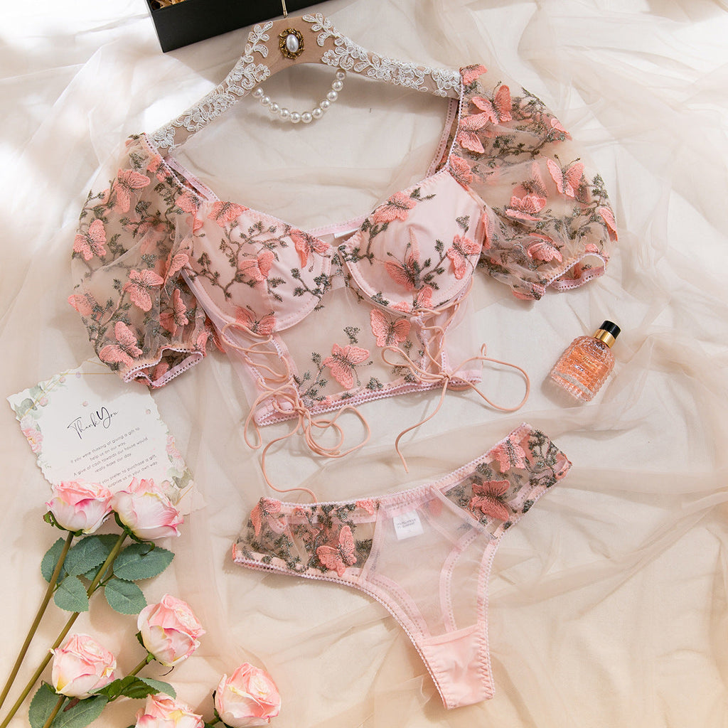 Women's Bubble Sleeve Embroidery Mesh Steel Ring Gathered Vest Sexy Lingerie Two-piece Suit