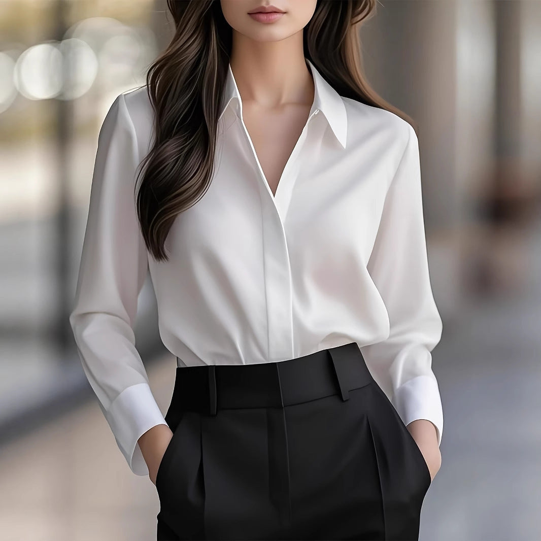 Long Sleeve Simple Blouse Lapel Versatile Loose