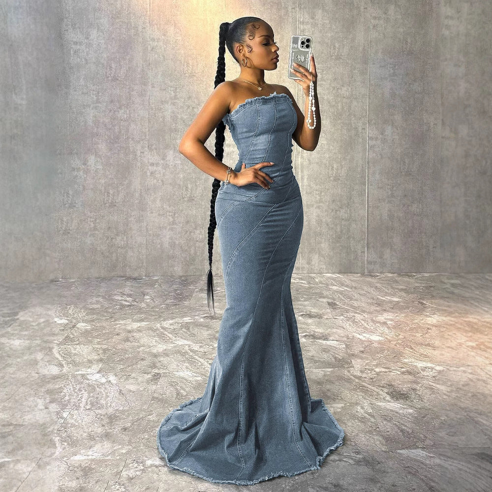 Fashion Slim-fit Chest Wrap Dress Fishtail Hip Wrap Denim Dress