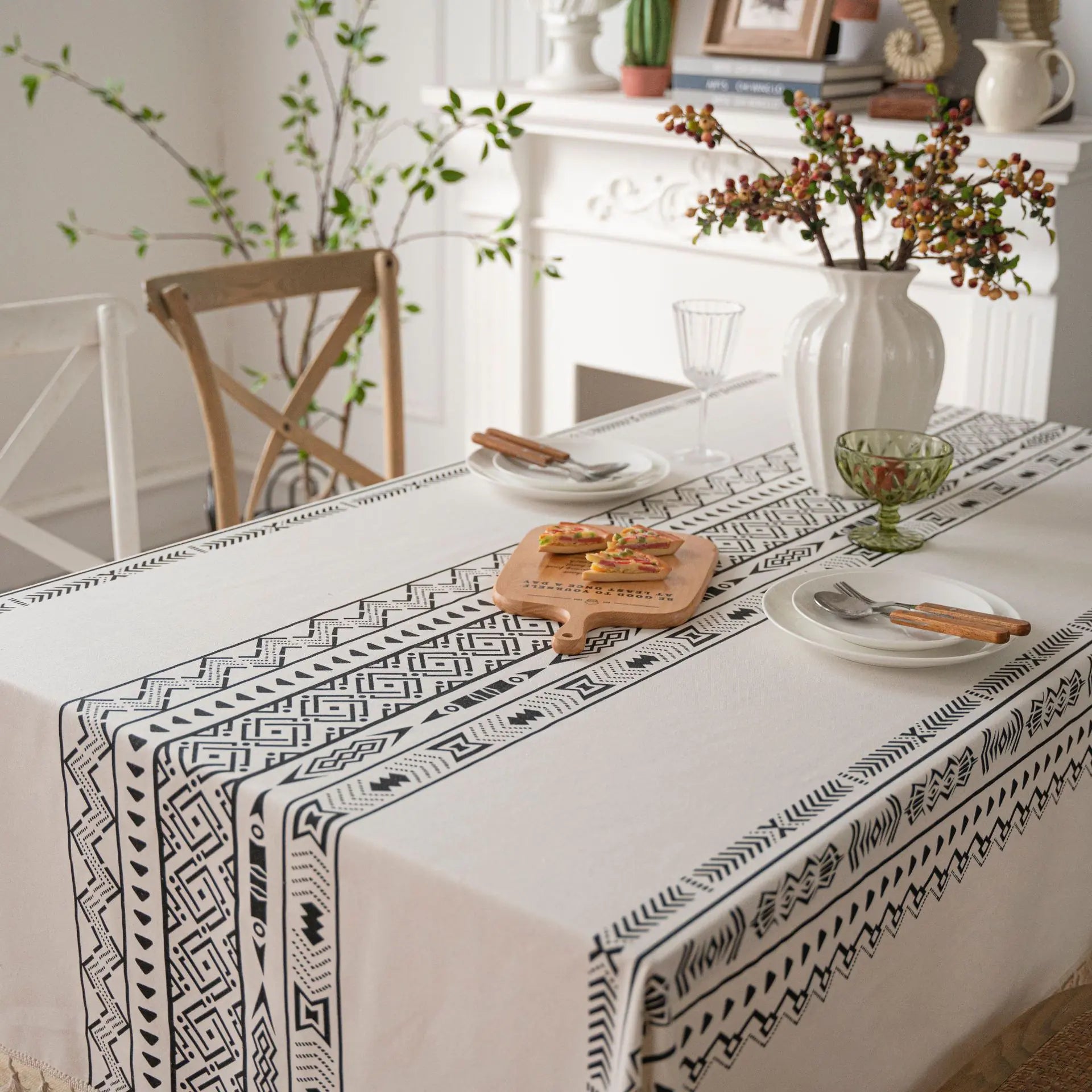 Geometric Black Tassel Waterproof Rectangular Tablecloth