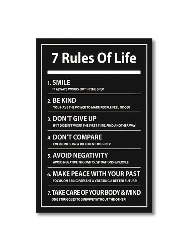 7 Rules of Life Motivational Poster – Black & White Typography Wall Art