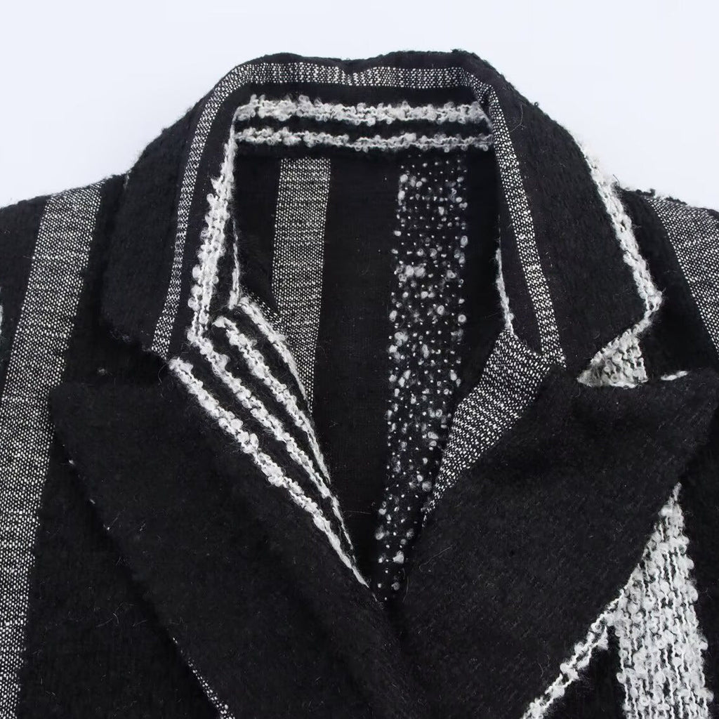Women's Elegant Black And White Striped Woolen Coat