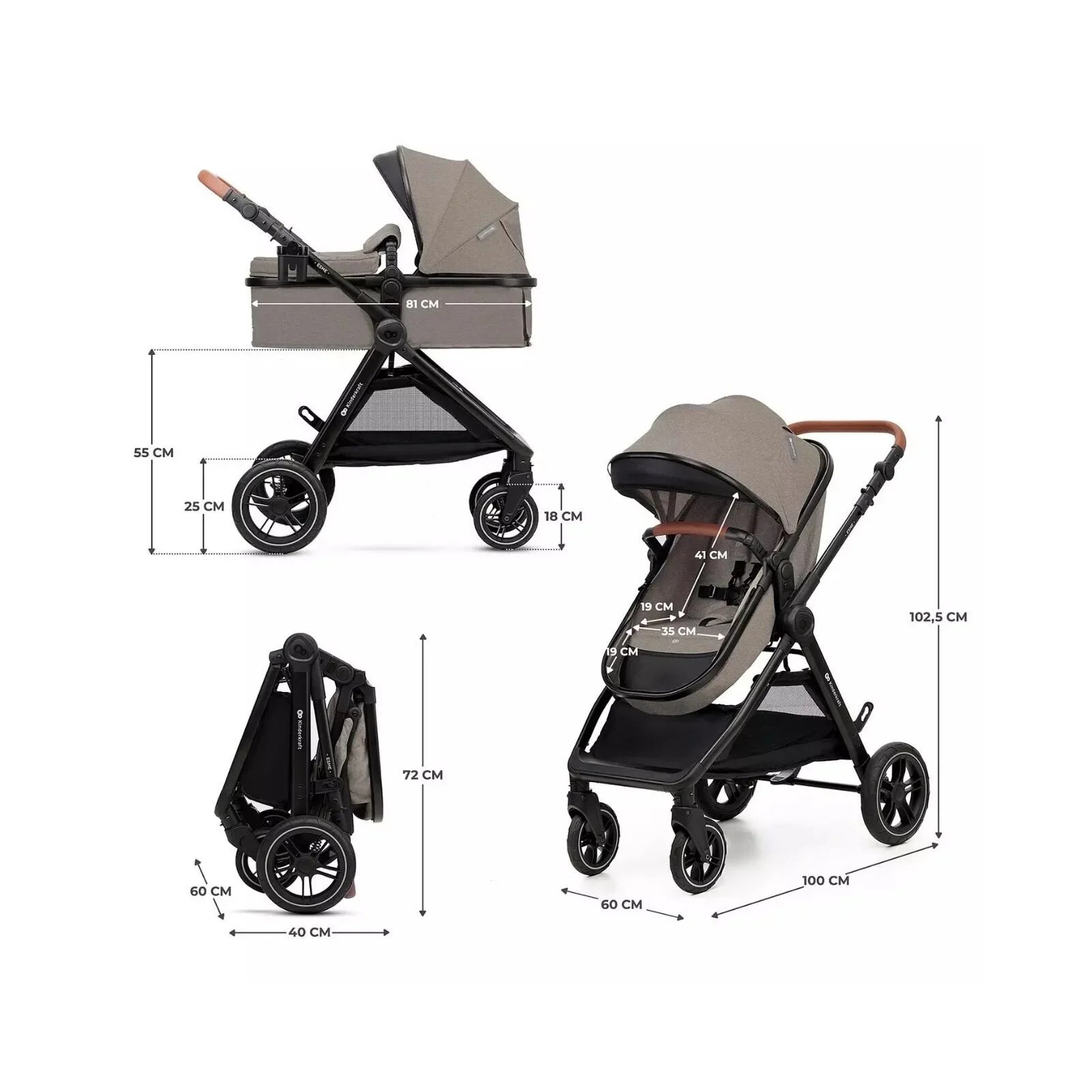 Kinderkraft Esme 3-in-1 Travel System with Mink Pro Car Seat - Sand Beige
