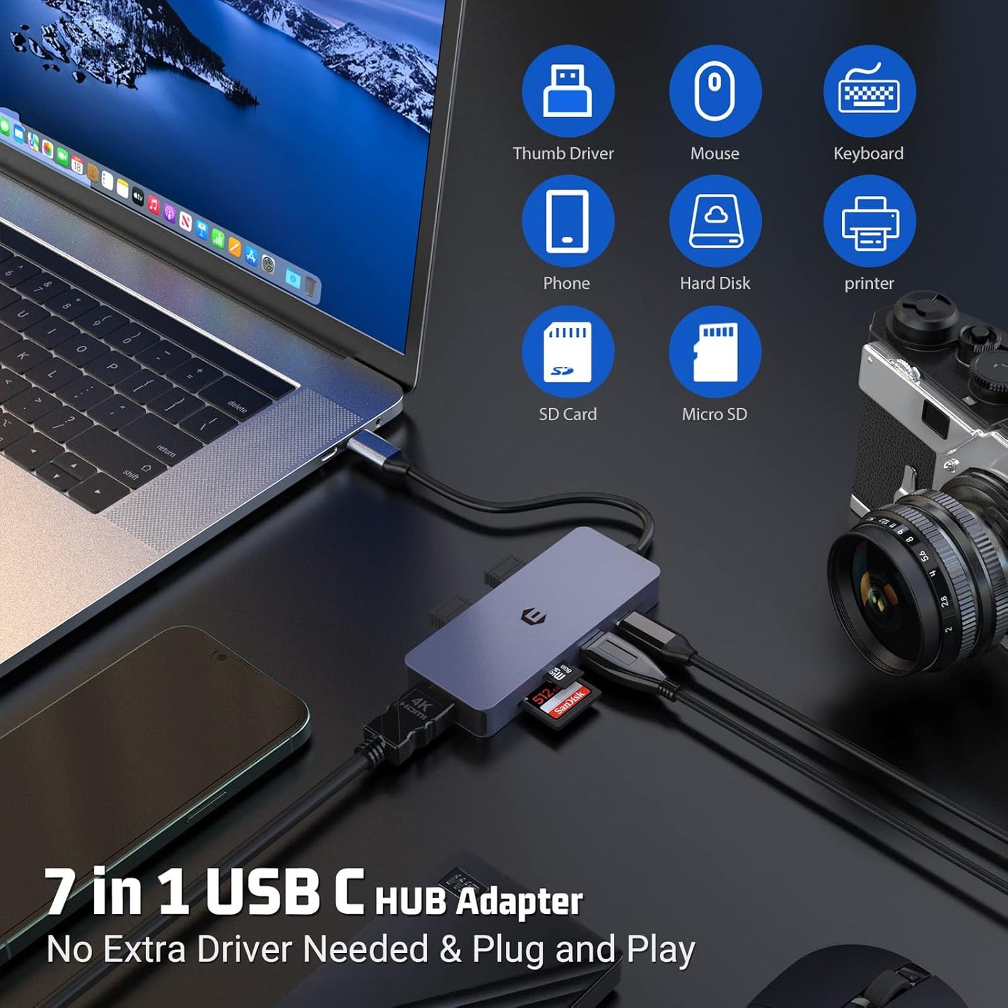 USB-C Hub Adapter 7-in-1 4K HDMI, 100W PD USB 3.0 Ports SD/TF Card Reader