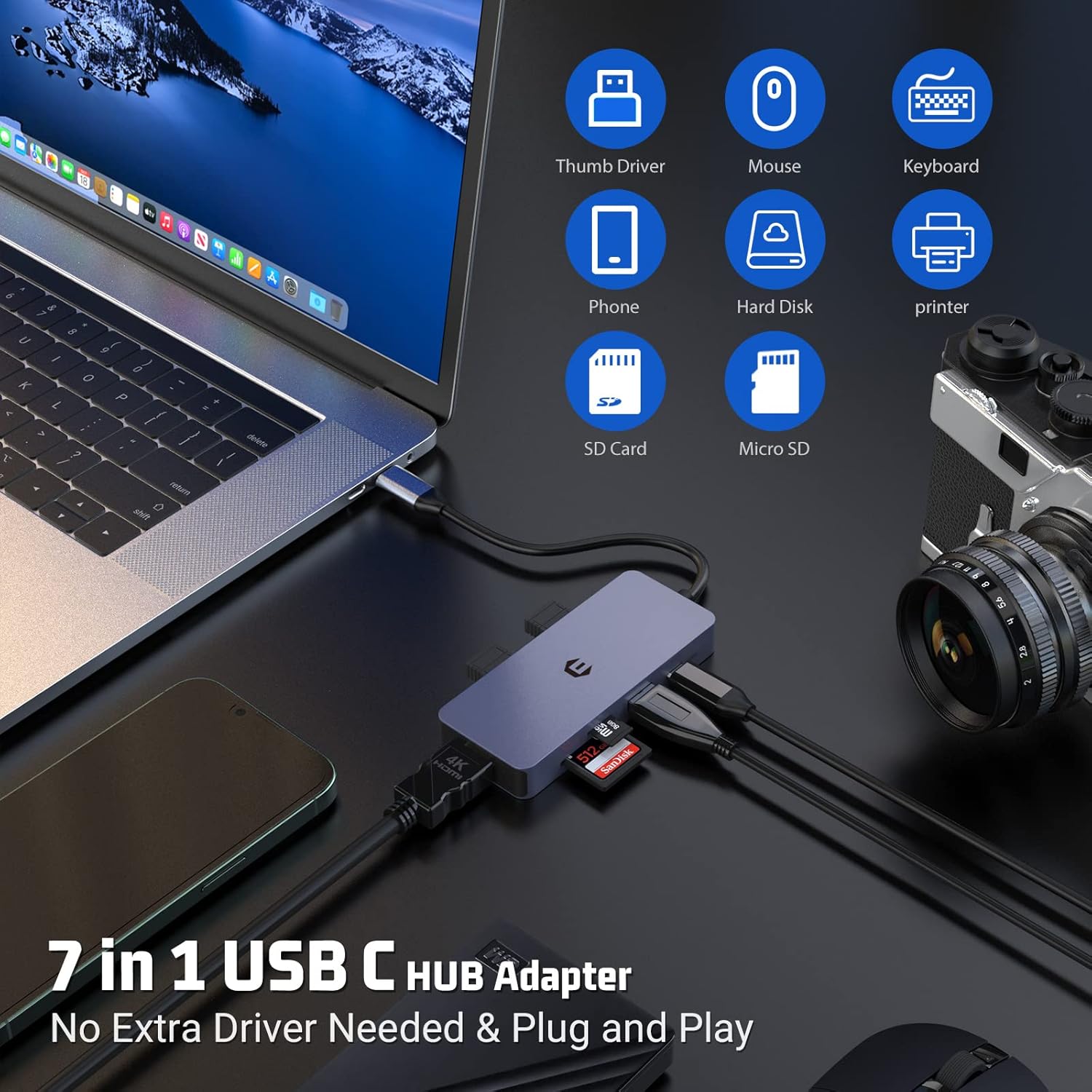 USB-C Hub Adapter 7-in-1 4K HDMI, 100W PD USB 3.0 Ports SD/TF Card Reader