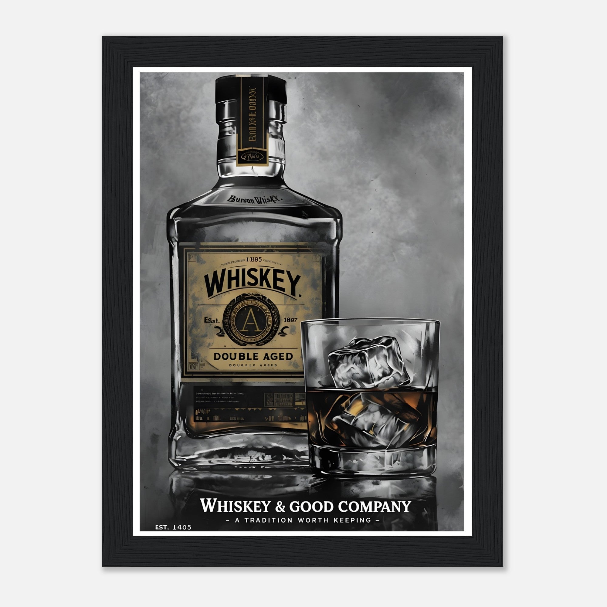 Noir Whiskey Bottle Framed Poster – Sophisticated Wall Art for Home Bars & Lounges