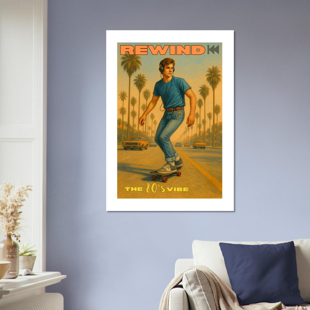 Retro 80's Vibe Poster – Skateboarder with Walkman | Vintage Wall Art