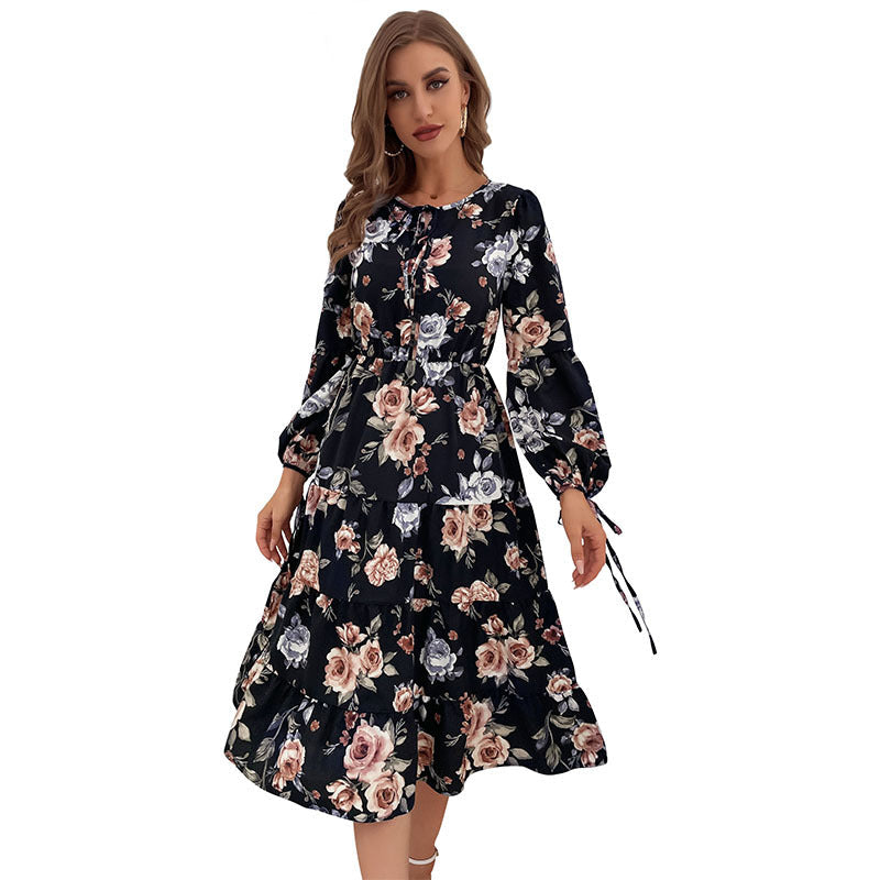 Womens Crew-neck Long-sleeve Tie-dye Printed Dress